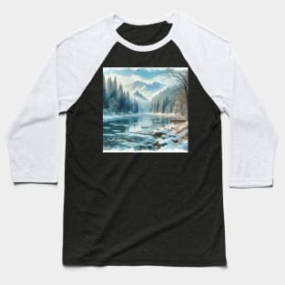 Winter Mountain Forest Lake Winter Landscape Baseball T-Shirt